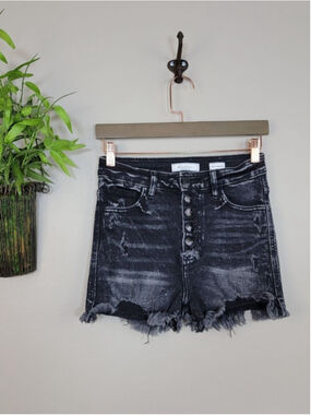 KanCan 25 Jean Shorts Distressed Ultra High Rise Black Exposed Button Fly Raw